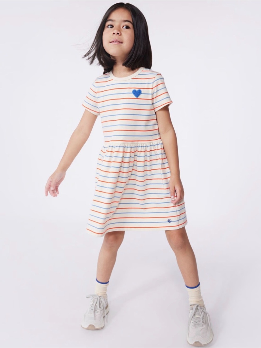 EUC Petit Bateau short sleeve stripy cotton dress with heart badge